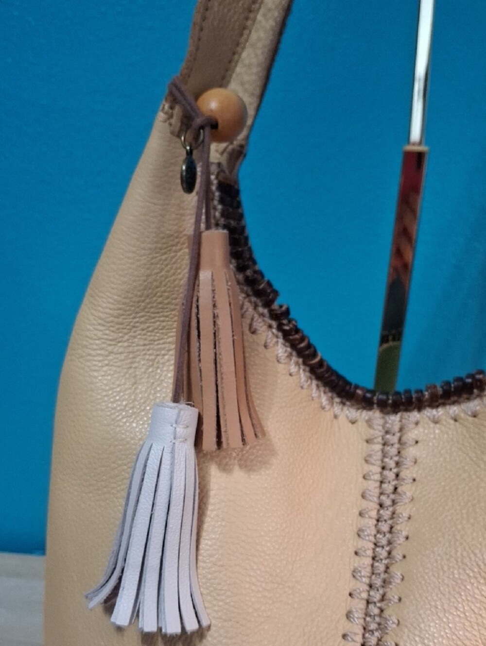 The Sak HUNTLEY Leather Hobo with Tassel Accent in Color Natural - Picture 4 of 13